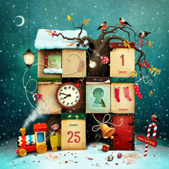 Fantasy winter holiday greeting calendar, conceptual art, for greeting card or poster or advent calendar with Christmas or New Year element. 