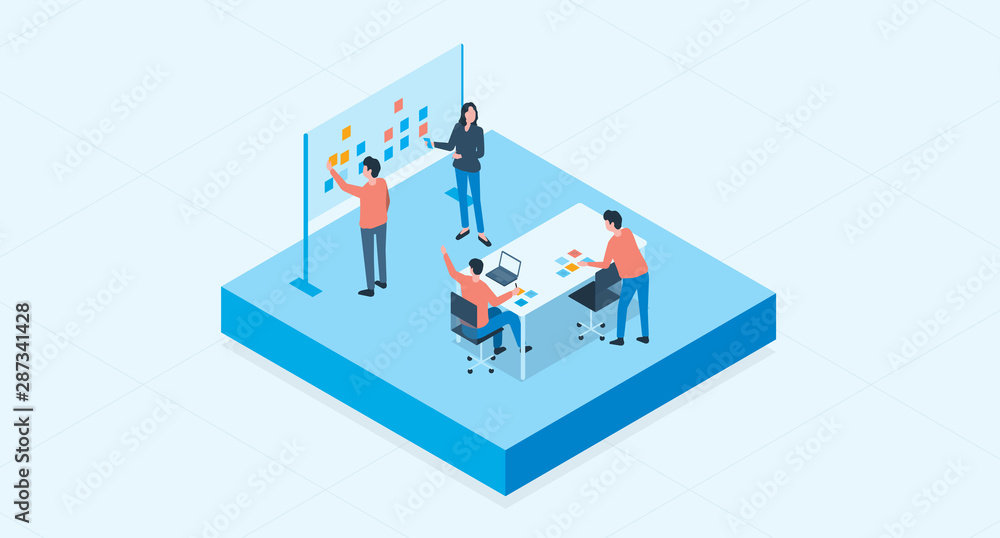 Aufkleber isometric flat vector group business team meeting and project brainstorming process concept