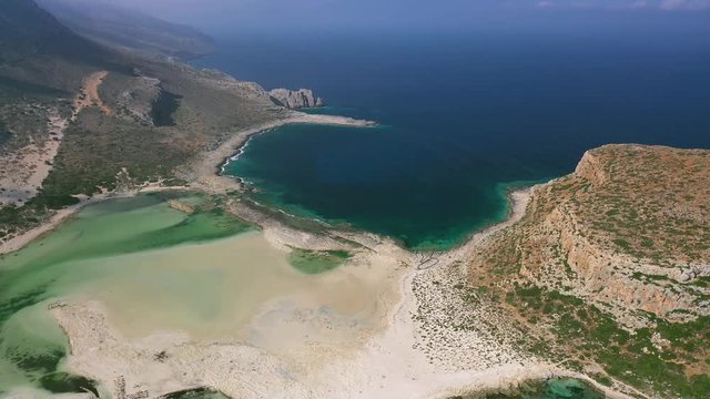 Aerial view on Tigani cape and Balos lagoon with sandy sea beach. Crete, Greece.