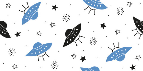 Childish seamless pattern - hand drawn cosmos ufo