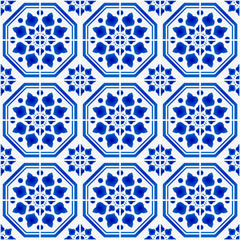 Mexican talavera ceramic tile pattern, Italain pottery decor, Portuguese azulejo seamless design, colorful Spanish majolica ornament, blue and white antique wallpaper background, vector illustration