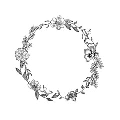 Contour wreath of flowers, leaves and stems. Black white hand-drawn illustration isolated on white background. Cute little elegant flowers and plants connected in a continuous ring.