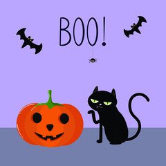 Vector graphics. Bright, cute, funny halloween illustration with a black cat, pumpkin, spider, bats. Hand written text. Happy Halloween card. Funny cute cartoon  character. 