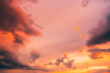 Amazing Natural Bright Dramatic Sky In Different Colours During Sunset Sunrise Time. Colorful Sky Background. Beauty In Nature