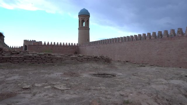 Kulob Vose Hulbuk Fortress Walled Watchtower View from the Inner Courtyard on a Cloudy Rainy Blue Sky Day