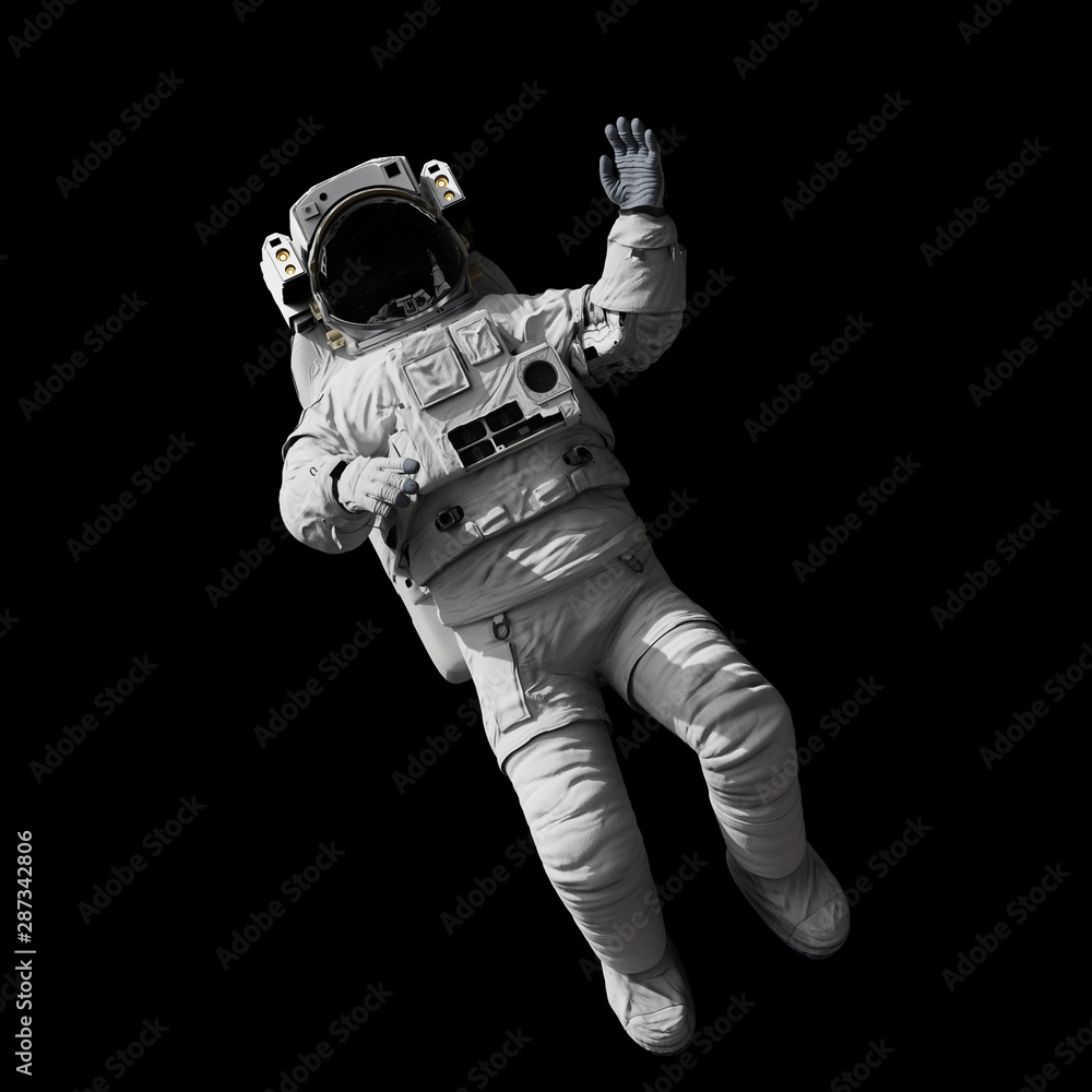Wall mural astronaut floating in outer space, isolated on black background