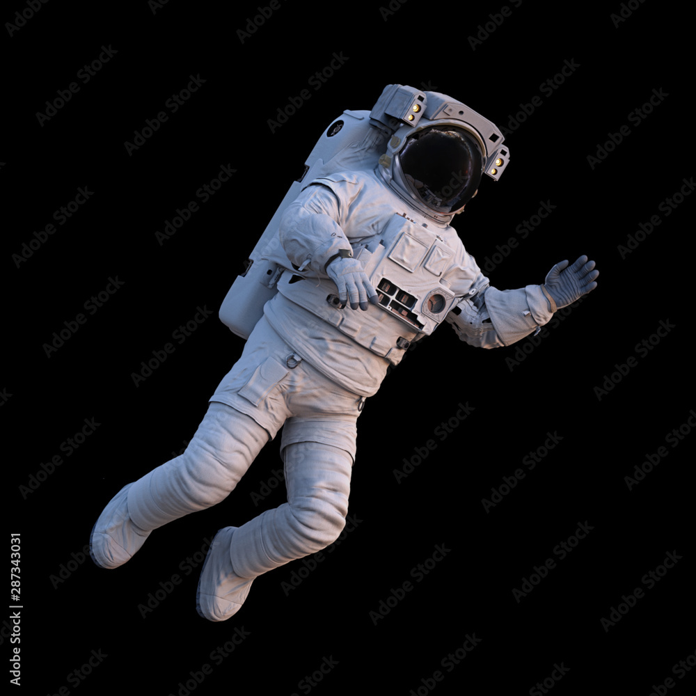 Wall mural astronaut floating in outer space, isolated on black background