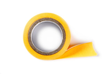 Cardboard duct, repair, adhesive tape roll isolated on white background, top view