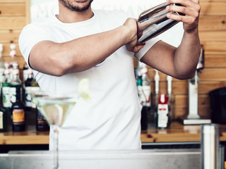 Male bartender mixing drink in shaker