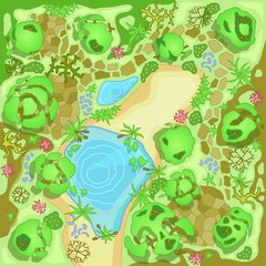 Site improvement  Landscape and tourist camp in the forest. (Top view) Pond, stones, trees, plants,  lake, beach. (View from above). Terrain design. Vector illustration. 