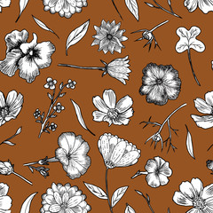 Floral Seamless Pattern Black and white hand drawn illustration in realistic style. Small graceful plants with black contour isolated on brown. Can be used for invitation cards, banners, flyers. © Kamila Bay