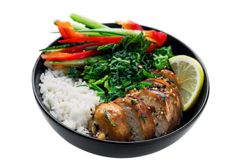 Lunch bowl with teriyaki chicken, cucumber, red bell pepper, green onion, stew spinach and basmati rice isolated on white background. Close-up studio shot.