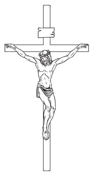Vector illustration of religious symbol crucifix. Jesus Christ, the Son of God in a crown of thorns on his head, a symbol of Christianity. Cross with crucifixion, pencil drawing.