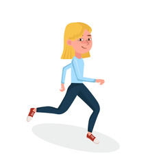 Fototapeta na wymiar Young Girl running in sportwear, tracksuit. Female cartoon character. Vector Isolated illustration