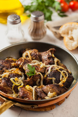 Fried chicken liver with onions.