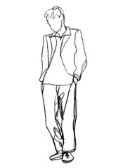 Sketch of a young man standing in full growth. Hands in the pockets of trousers, on the guy is a jacket and he looks down. Figure one line drawn by hand with a black pencil on a white paper