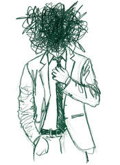 The figure of a man in a jacket straightens his tie instead of a head with a cloud of coarse, chaotic hatching. Hand-drawn pencil illustration.The concept of impersonality, thoughts, migraines, brains