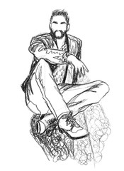Bearded attractive man sits on the ground with his feet forward towards the viewer. Hand-drawn sketch in pencil on white paper. Can be used for fashion illustration, collage, banner, postcard, flyer