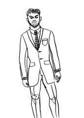 Hand drawn linear pencil illustration. Young man in coat on white paper. Can be used for fashion illustration, collage, zine, banner, flyer, card, web background.