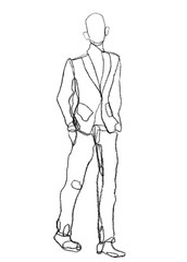 Hand drawn linear pencil illustration. A young bald man goes in a jacket, trousers and shoes. His hands in his pockets, relaxed posture.Can be used for fashion illustration, collage, zine, banner