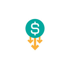 dollar down vector icon. White dollar sign in blue circle with three arrows down.