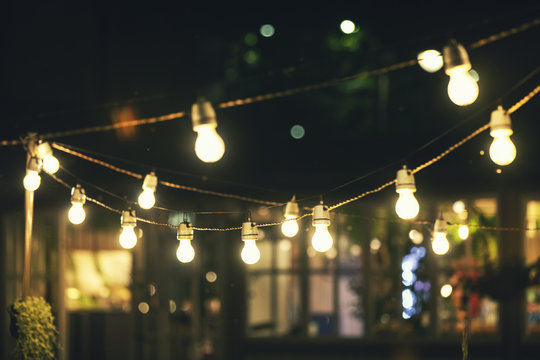 Outdoor Party String Lights Glowing At Night