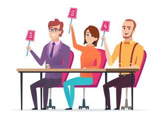 Jury with marks. Judged with scorecards smart entertainment television competition characters vector sitting jury. Jury score group, committee with scorecard illustration