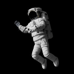 astronaut waving during space walk, isolated on black background