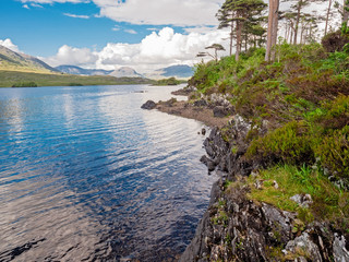 Beautiful landscape view in Connemara National park, Ireland, Pine island, Blue cloudy sky.