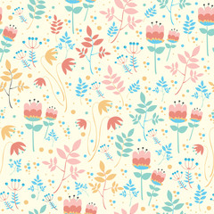 Vector seamless pattern with flowers and plants, pastel colors.