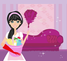 smiling Housewife cleaning at home