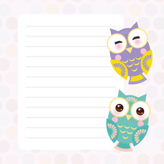 Kawaii bright colorful owls, funny birds, muzzle with pink cheeks and winking eyes. Card design with pink pastel colors polka dot lined page notebook, template, blank, planner background. Vector