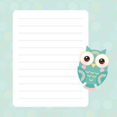 Kawaii bright colorful owls, funny birds, muzzle with pink cheeks and winking eyes. Card design with pink pastel colors polka dot lined page notebook, template, blank, planner background. Vector