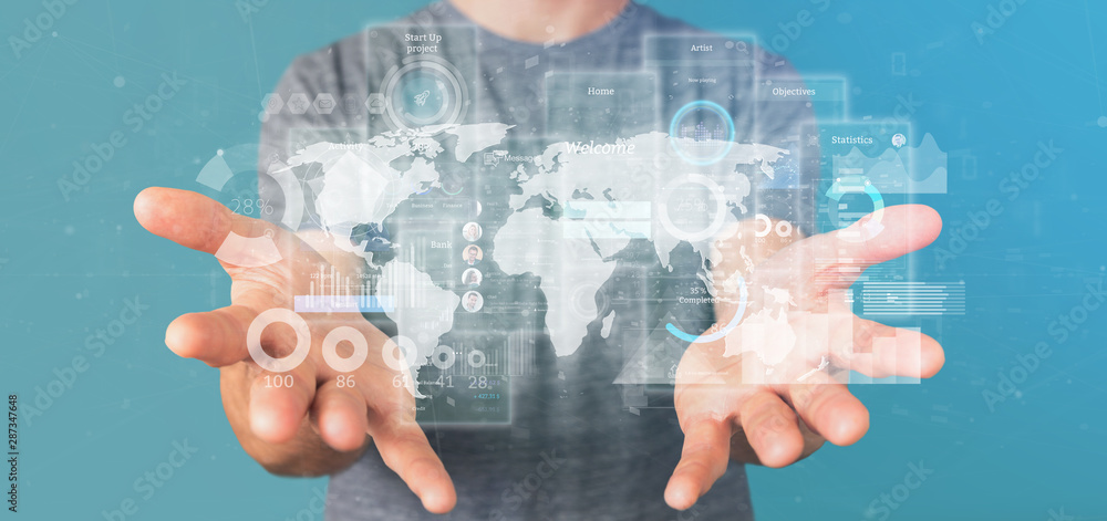 Poster businessman holding user interface screens with icon, stats and data 3d rendering