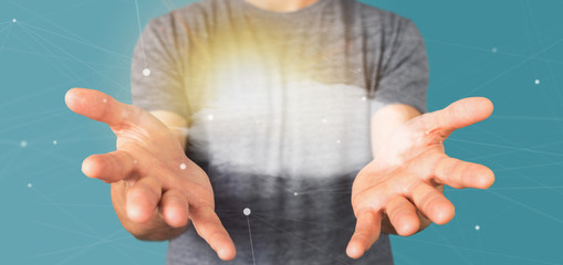 Businessman holding a Weather forecast Sun and cloud 3d rendering