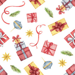 Watercolor vector seamless pattern with Christmas decorations.