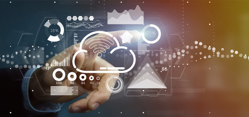 Businessman holding Cloud and wifi concept with icon, stats and data 3d rendering