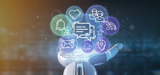 Cyborg holding a cloud of social media network icon