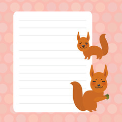 Card design with Kawaii squirrel, pink pastel colors polka dot lined page notebook, template, blank, planner background. Vector