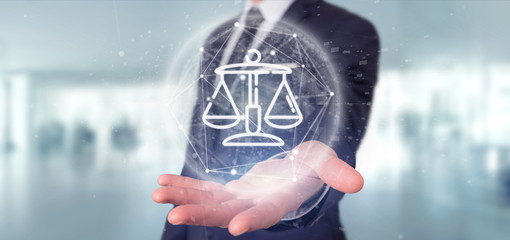 Businessman holding Cloud of justice and law icon bubble with data 3d rendering