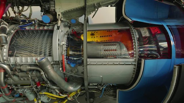 Cross section of a jet engine aircraft. Steadicam shot