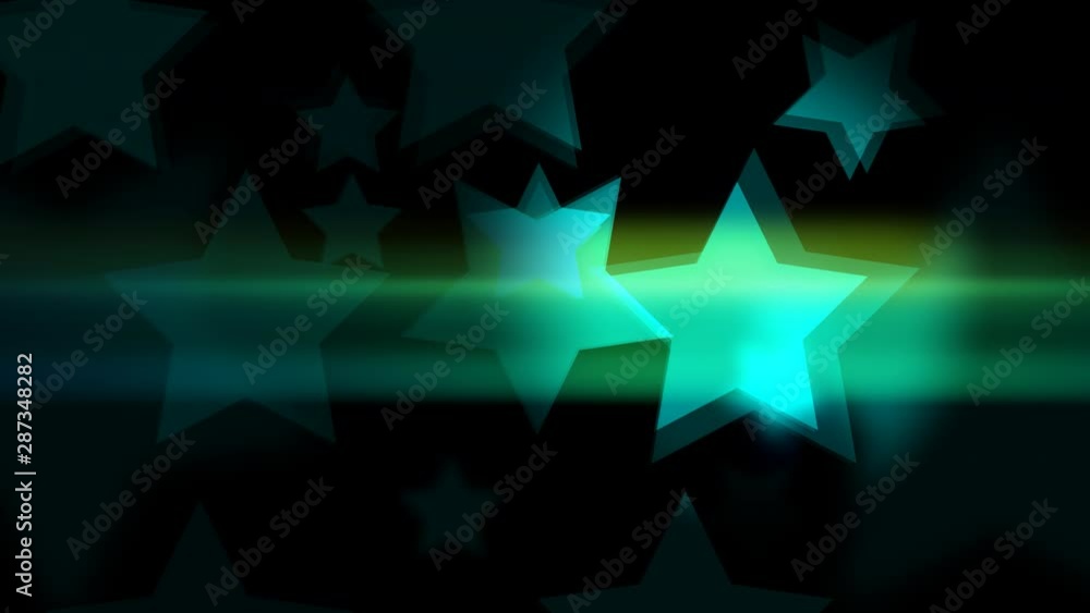 Poster glowing and glittering 2d animation of bokeh of star-shaped on the dark background. loopable video f