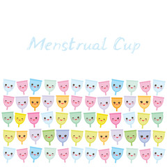 Card banner template Kawaii menstrual cup is a feminine hygiene product made of flexible medical grade silicone and shaped like a bell, pink cheeks and eyes, pastel colors on white background. Vector