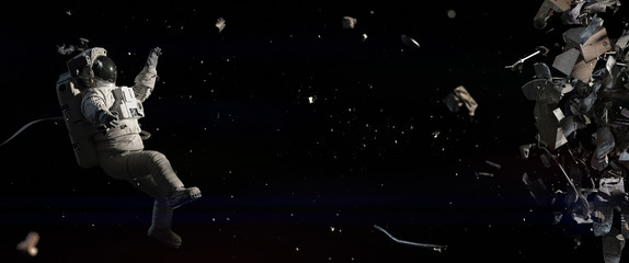 astronaut in danger, flying space debris damaging helmet, suit and equipment  © dottedyeti