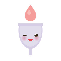 Kawaii menstrual cup is a feminine hygiene product made of flexible medical grade silicone and shaped like a bell, pink cheeks and winking eyes, pastel colors on white background. Vector