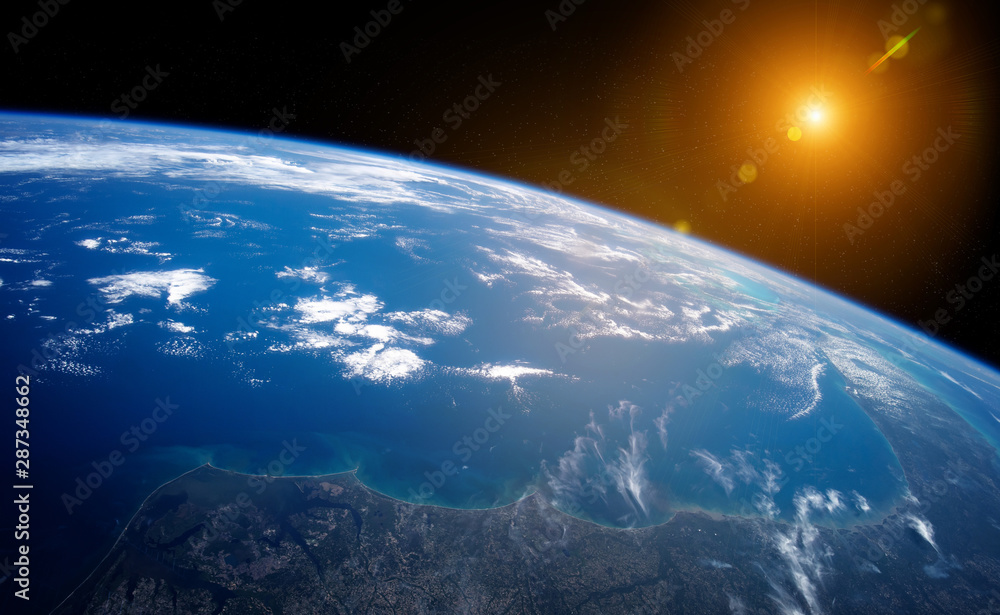 Fototapete view of planet earth close up with atmosphere during a sunrise 3d rendering elements of this image f
