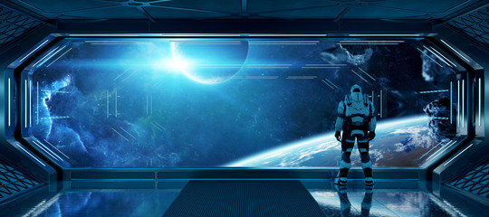 Astronaut in futuristic spaceship watching space through a large window 3d rendering elements of this image furnished by NASA © sdecoret