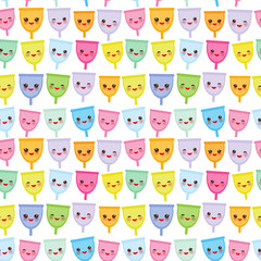 Seamless pattern Kawaii menstrual cup is a feminine hygiene product made of flexible medical grade silicone and shaped like a bell, pink cheeks and eyes, pastel colors on white background. Vector