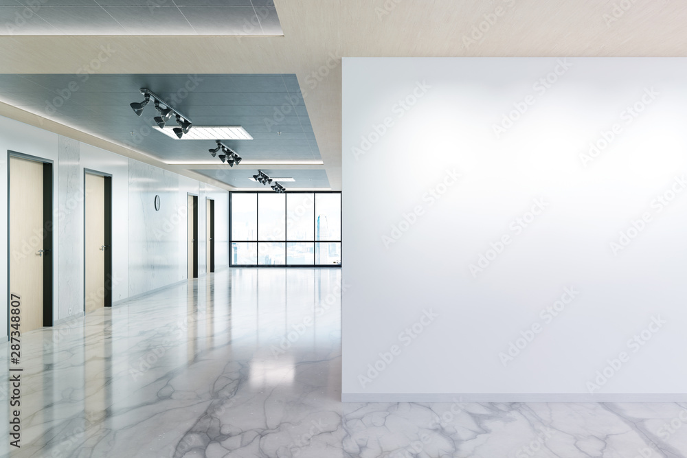 Poster blank wall in marble and wooden office mockup with large windows and sun passing through 3d renderin