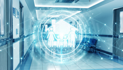 Fototapeta premium Hospital blue corridor with digital family care icon floating in dots connections 3D rendering